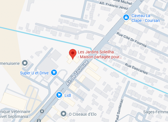 Localisation Les Jardins Soleilha : Maison Partagée à Coursan Carte de Coursan montrant Les Jardins Soleilha, maison partagée sur l'Avenue de Toulouse, près de Super U et Lidl.